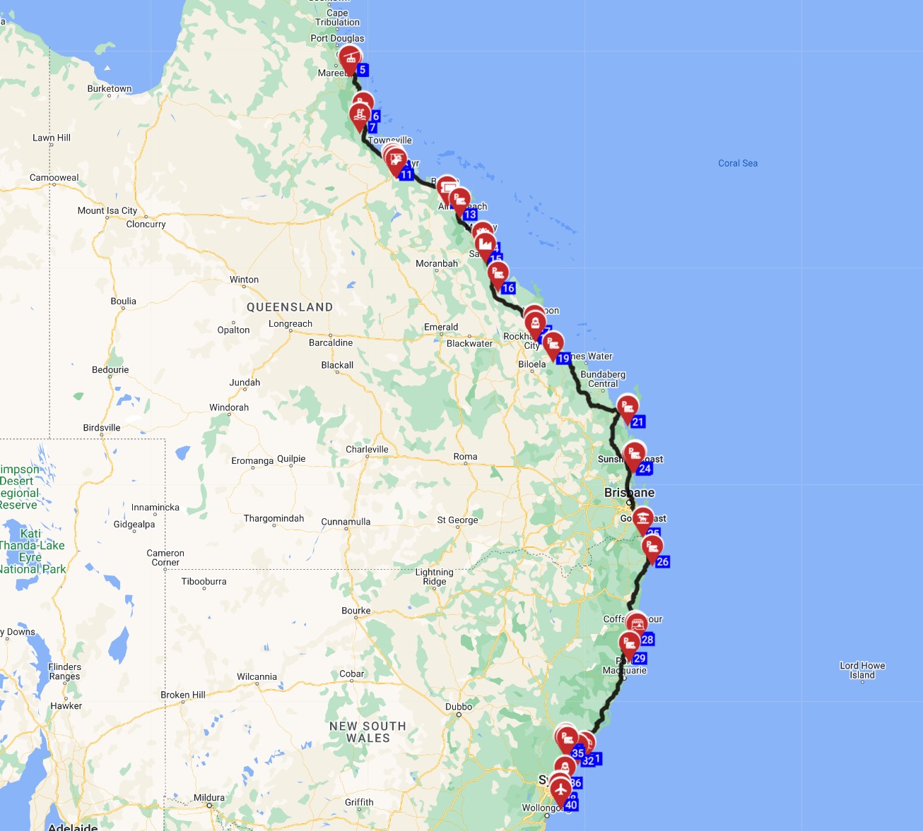 Map for Cairns to Sydney - Coastline Discovery Adventure